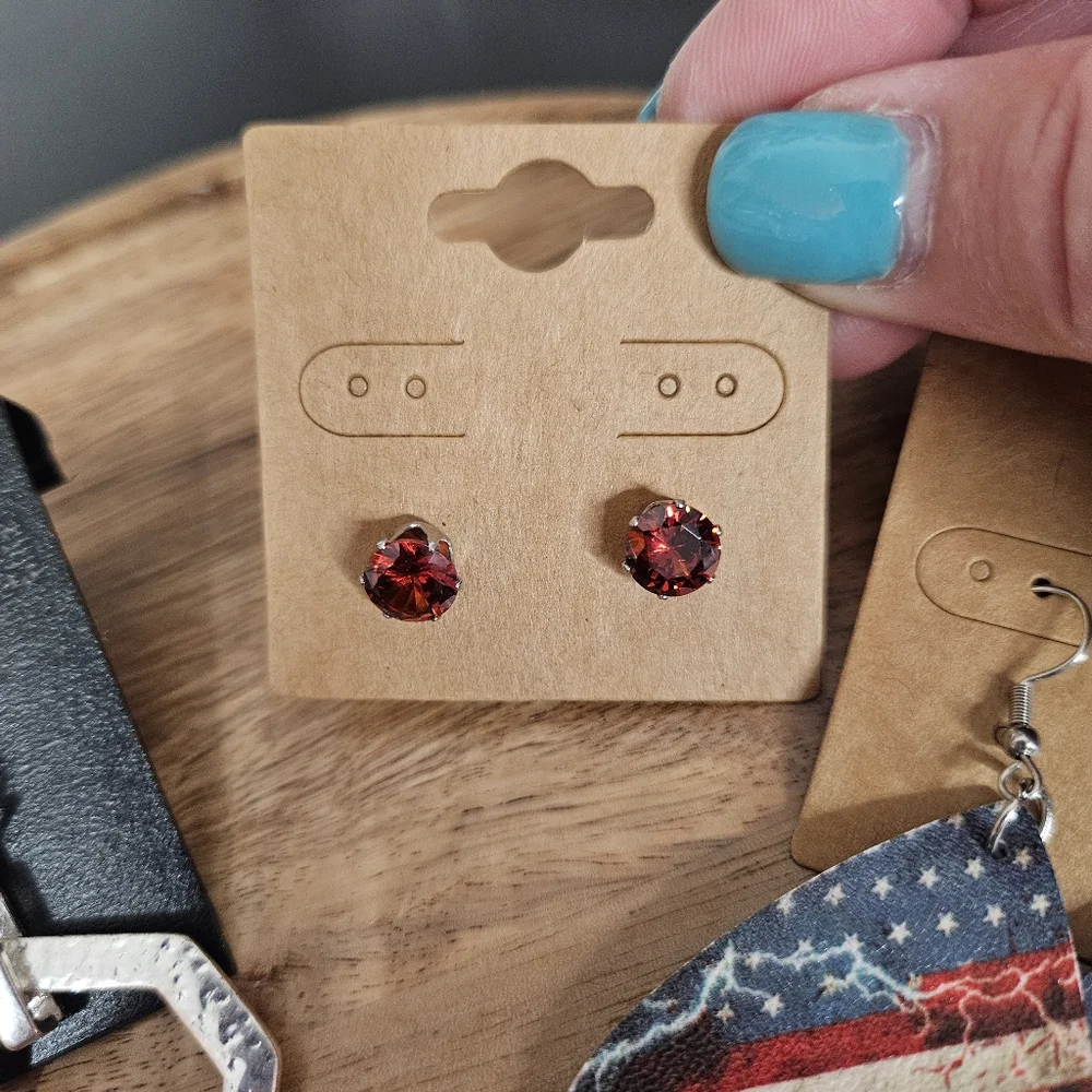 Women's Fashion Set of 3 Pairs Earrings American Flag Silver Red Crystal Studs